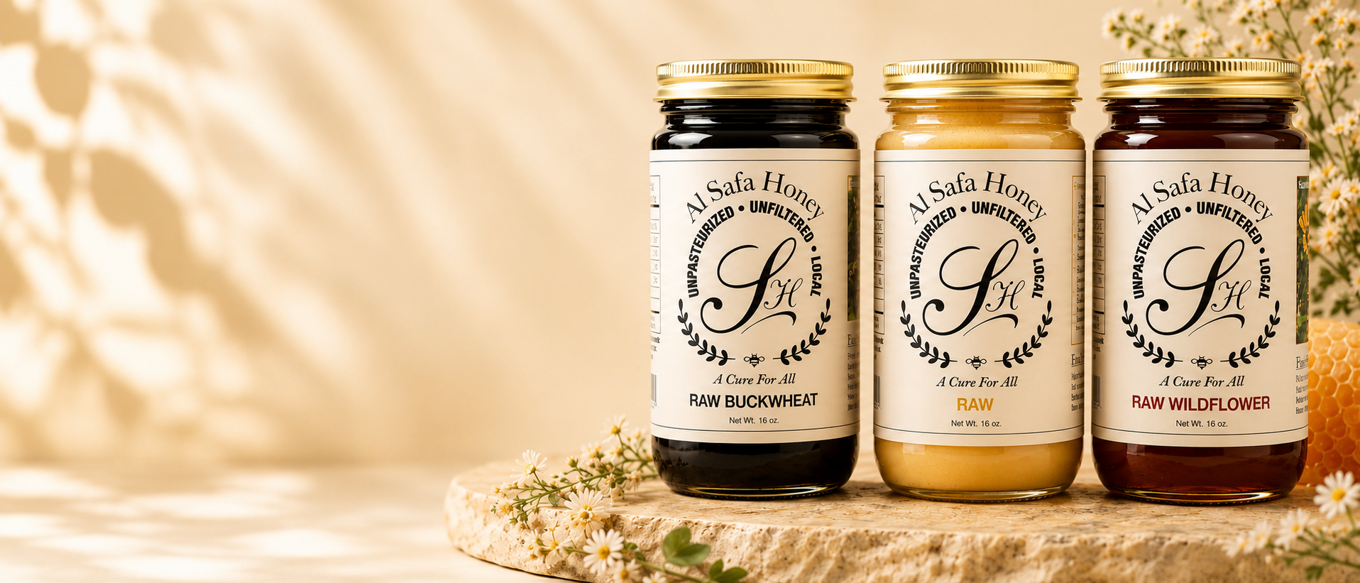 Al Safa Honey jars: Raw Buckwheat, Raw, and Raw Wildflower
