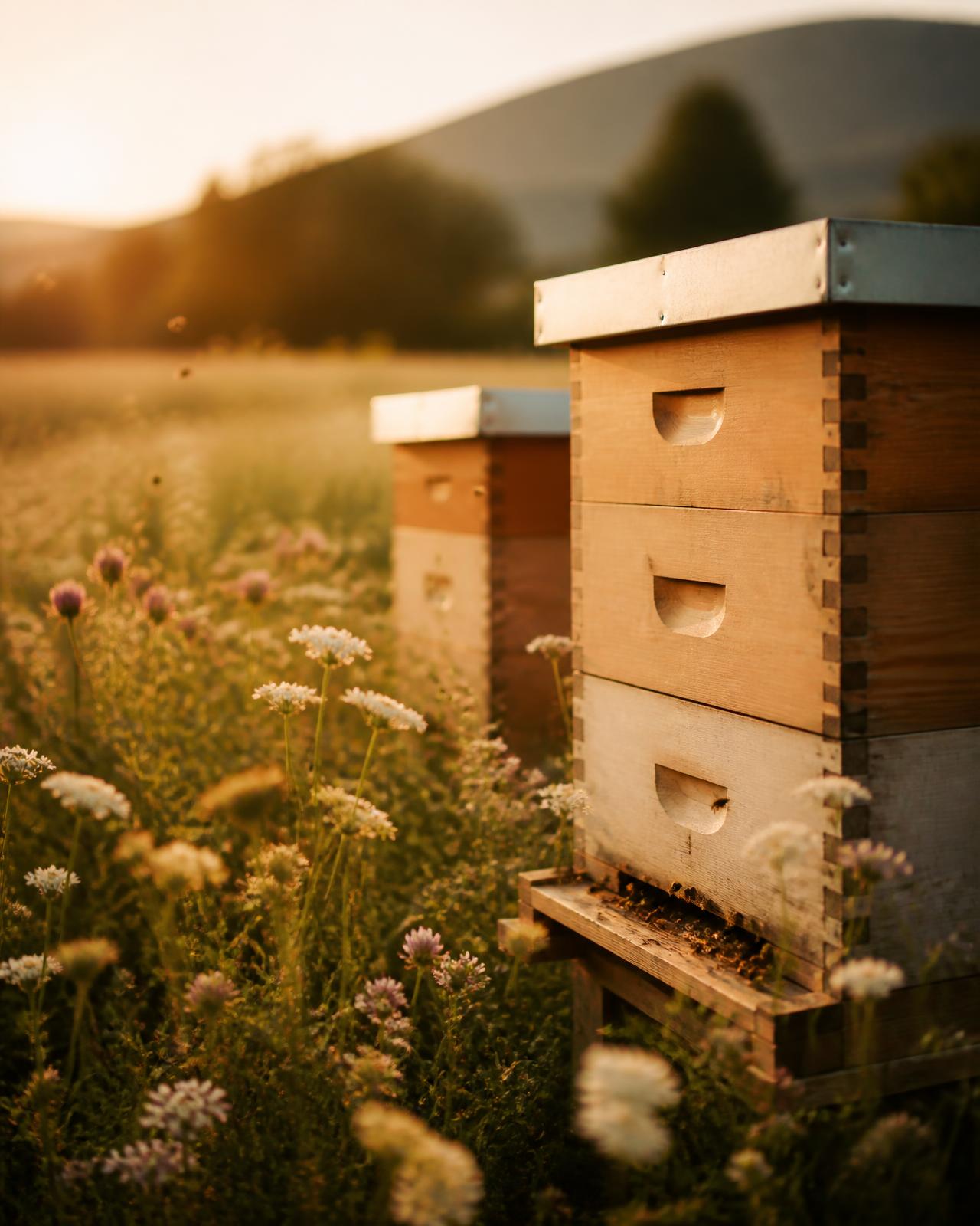 Wooden beehives in a wildflower meadow at golden hour