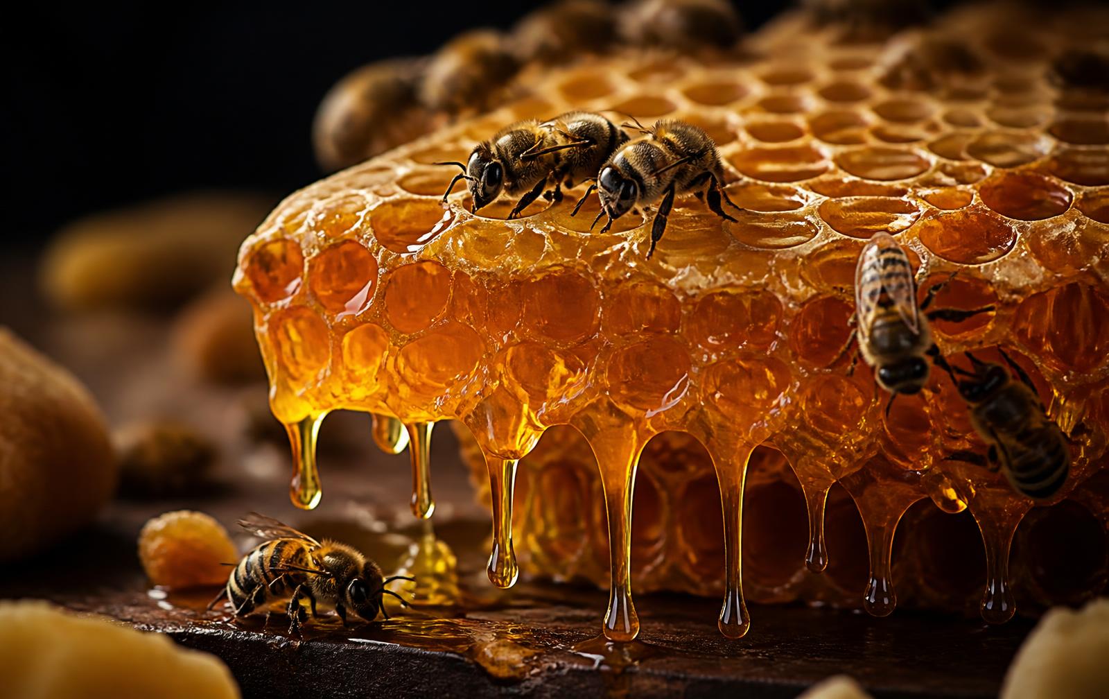 Honeybees on dripping golden honeycomb