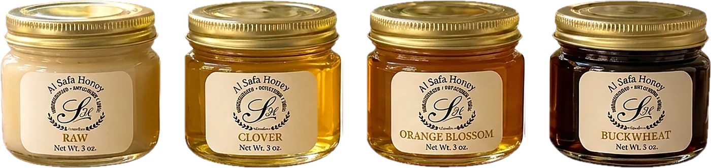 Four 3 oz sampler jars: Raw, Clover, Orange Blossom and Buckwheat