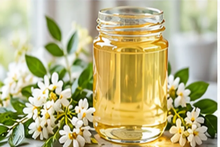 Tall clear jar of very pale golden acacia honey surrounded by white acacia blossoms