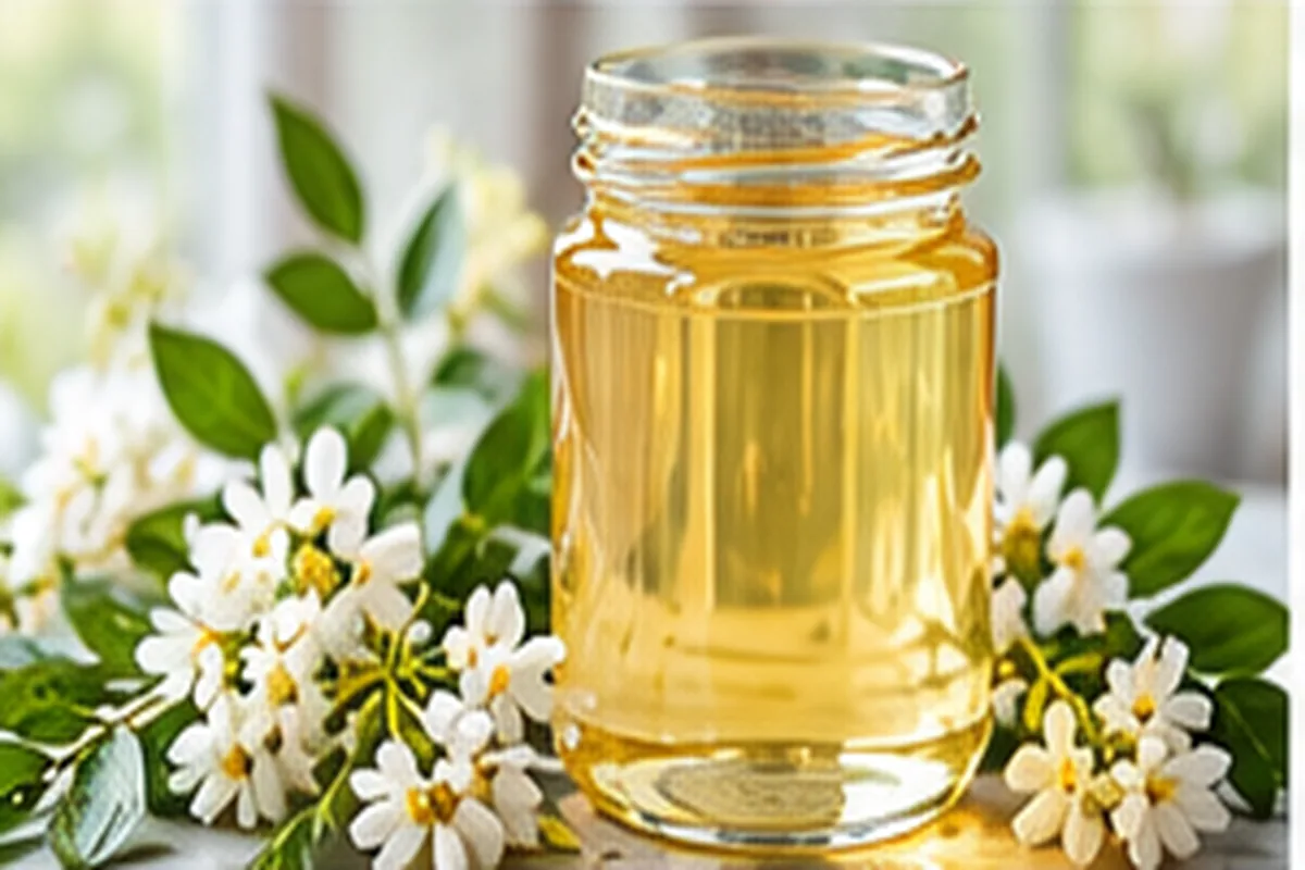 Tall clear jar of very pale golden acacia honey surrounded by white acacia blossoms