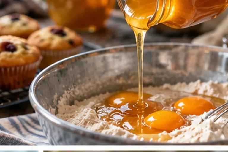 Honey pouring into a mixing bowl of flour and eggs, with honey muffins cooling behind