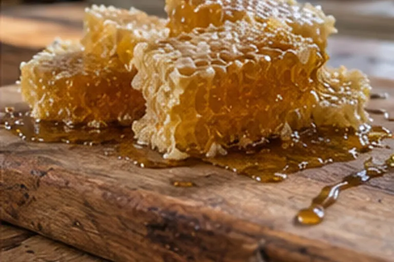 Pieces of fresh raw honeycomb dripping honey on a wooden cutting board