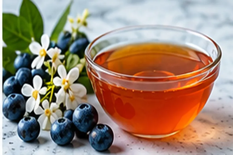 Glass bowl of amber blueberry honey beside fresh blueberries and white blueberry blossoms