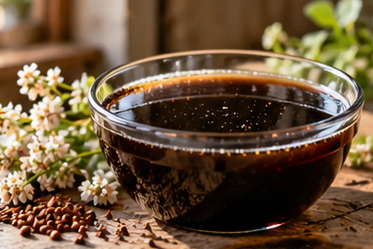 Dark buckwheat honey in a glass bowl beside white buckwheat flowers and buckwheat groats on a wooden table
