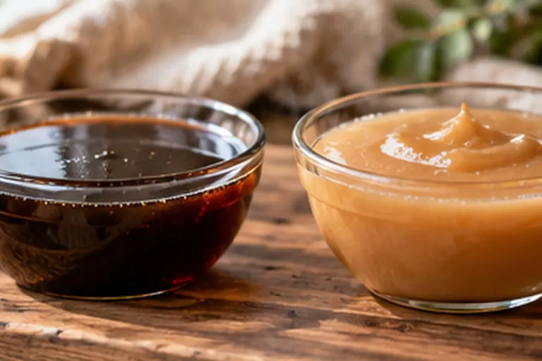 Buckwheat vs manuka honey side by side: dark liquid buckwheat honey and creamy light manuka honey in glass bowls