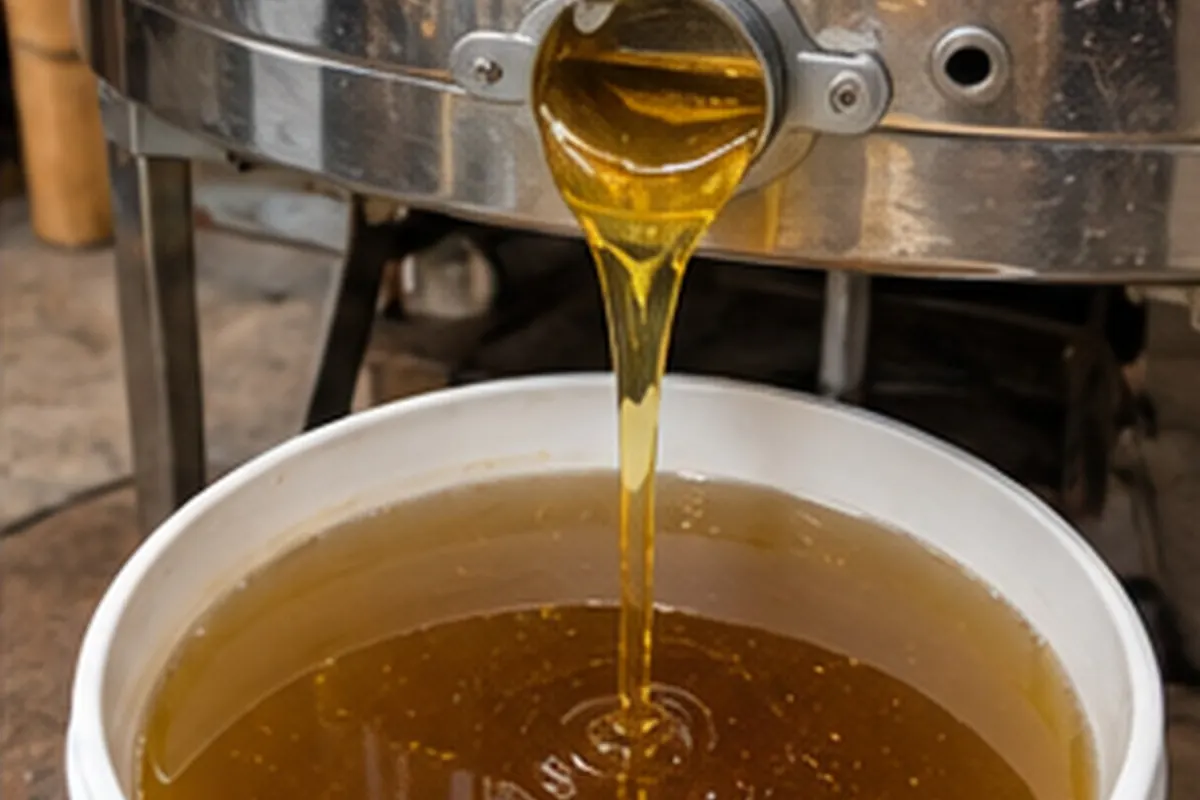 Bulk honey pouring from a stainless steel extractor into a large bucket