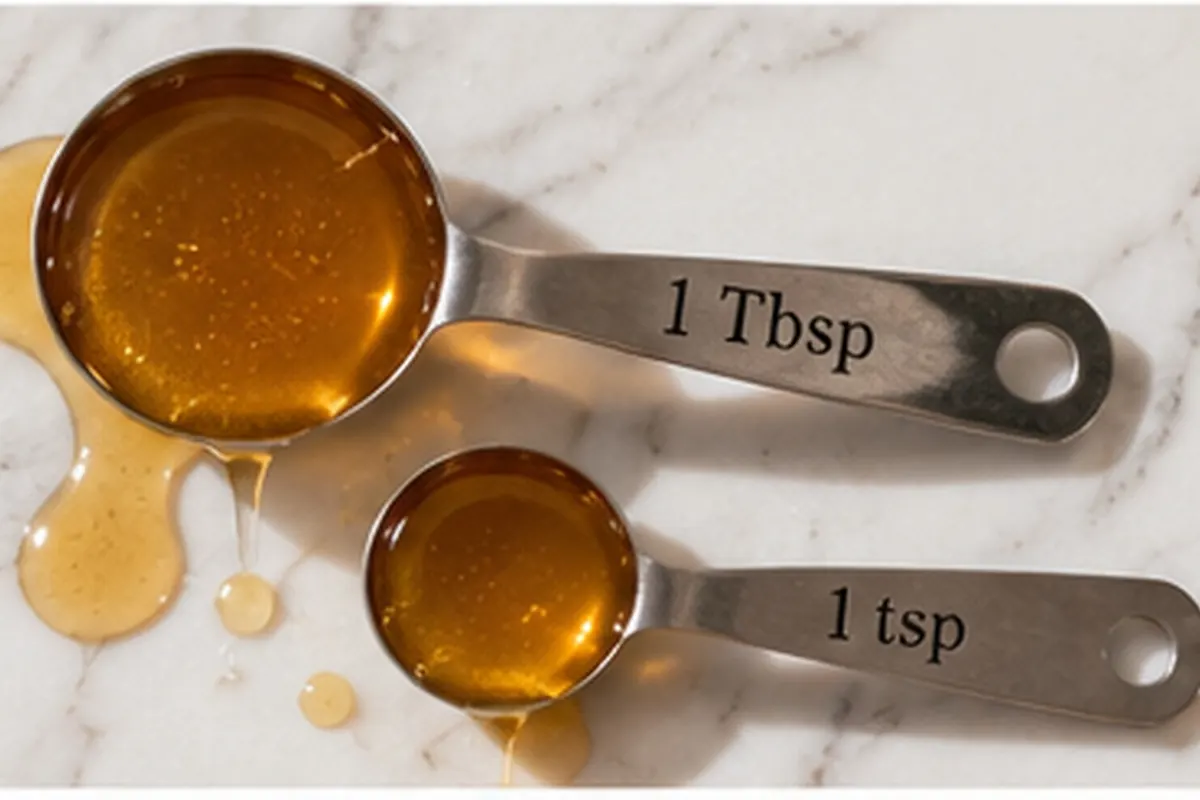 One tablespoon and one teaspoon of honey in measuring spoons on a marble counter