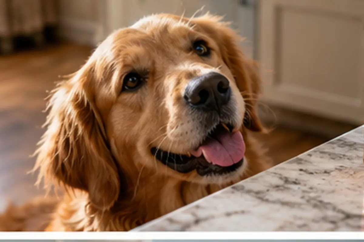 Golden retriever looking up at a jar of honey on a kitchen counter