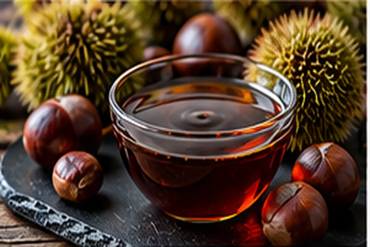 Bowl of very dark chestnut honey with chestnuts and spiky chestnut husks on a slate board