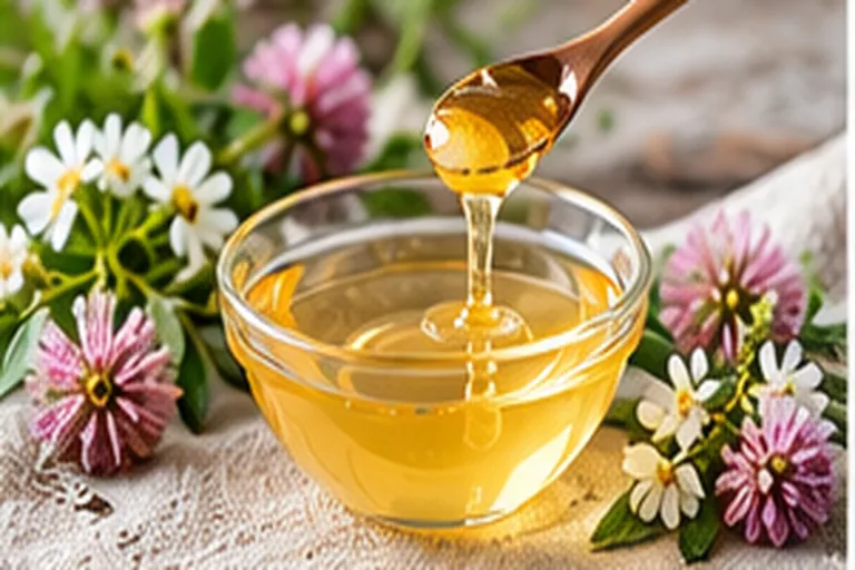 Light gold clover honey dripping from a spoon into a glass bowl beside pink and white clover blossoms