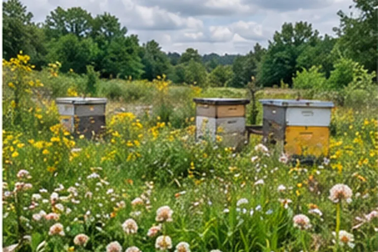 Beehives in a summer meadow of white clover and yellow wildflowers, the sources of clover and wildflower honey