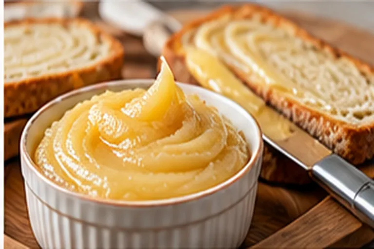 Ramekin of smooth whipped creamed honey with swirled peaks beside toast and a butter knife