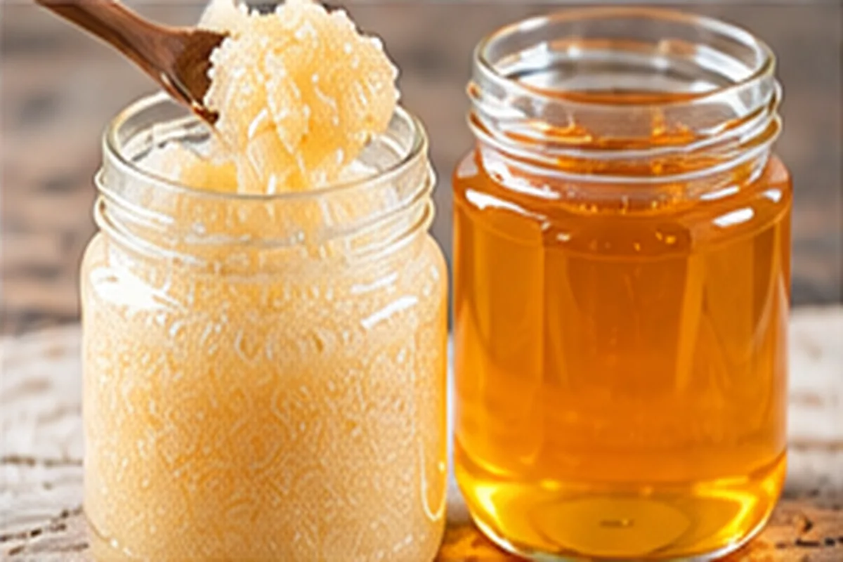 Jar of crystallized honey with a scoop of creamy crystals beside a jar of clear liquid honey