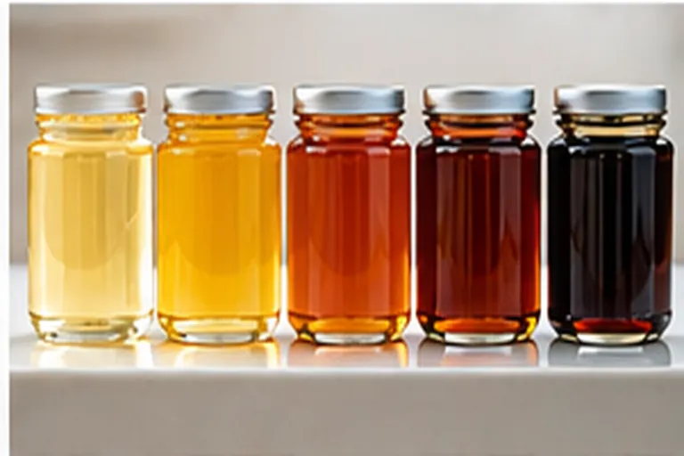 Five jars of honey in a row from pale gold to almost black, showing dark vs light honey