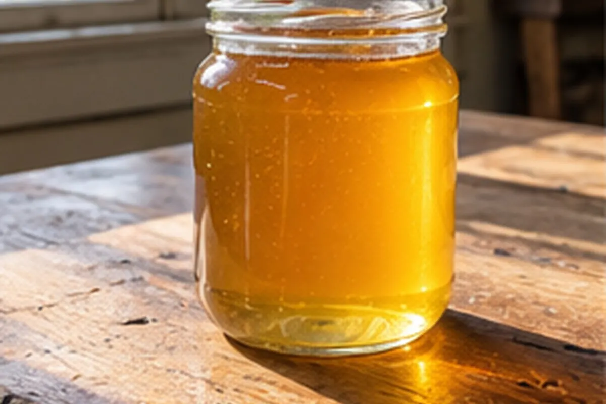Jar of golden honey on a farmhouse table in window light
