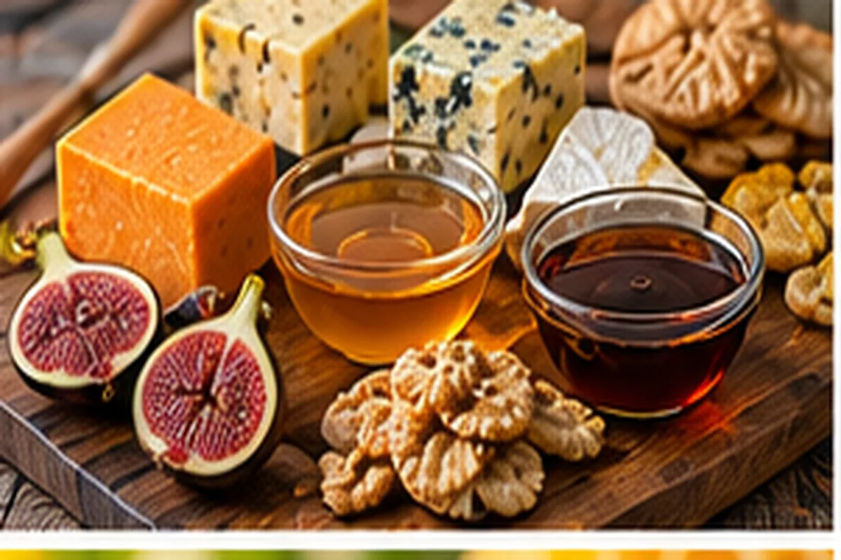Cheese board with cheddar, blue cheese, figs and walnuts beside bowls of light and dark honey