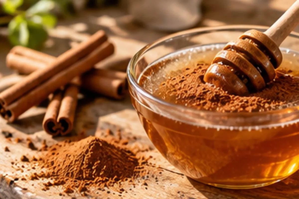 Bowl of honey dusted with ground cinnamon with a honey dipper and cinnamon sticks