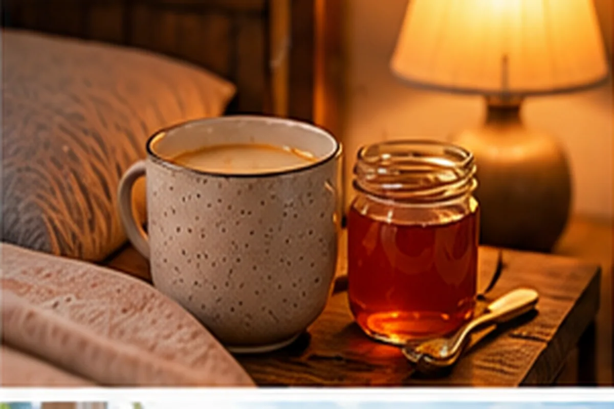 Warm mug and a small jar of honey on a bedside table under the glow of a lamp