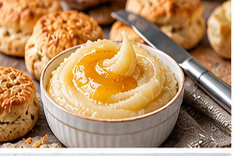 Bowl of whipped honey butter with a swirl of honey beside warm biscuits and a butter knife