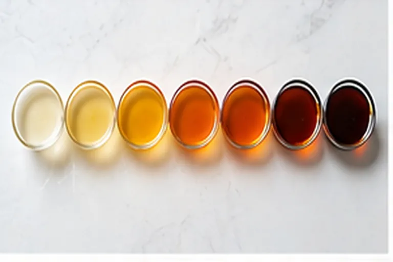 Honey color chart: seven glass dishes of honey from water white to dark amber on white marble