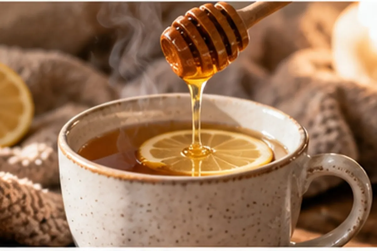 Warm cup of tea with lemon and honey dripping from a dipper, a home remedy for cough