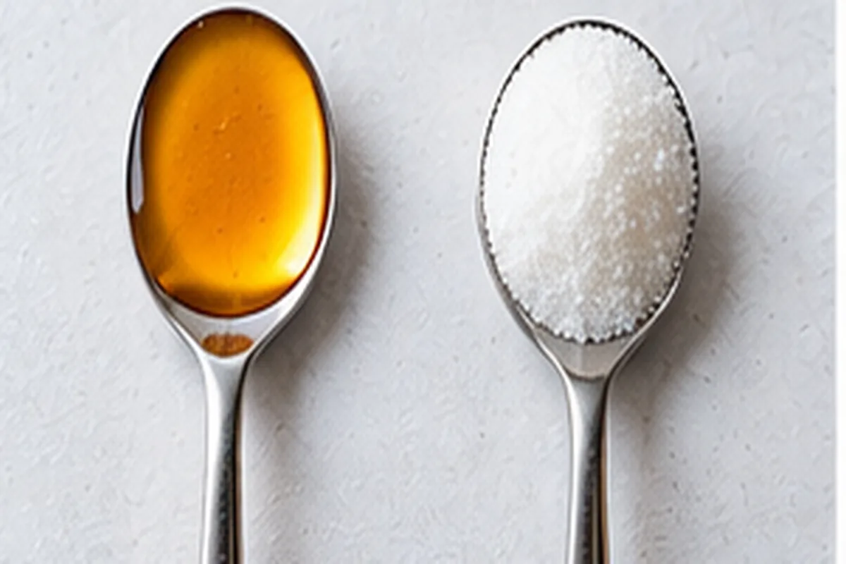 A teaspoon of honey next to a teaspoon of white sugar on a white surface, comparing glycemic index