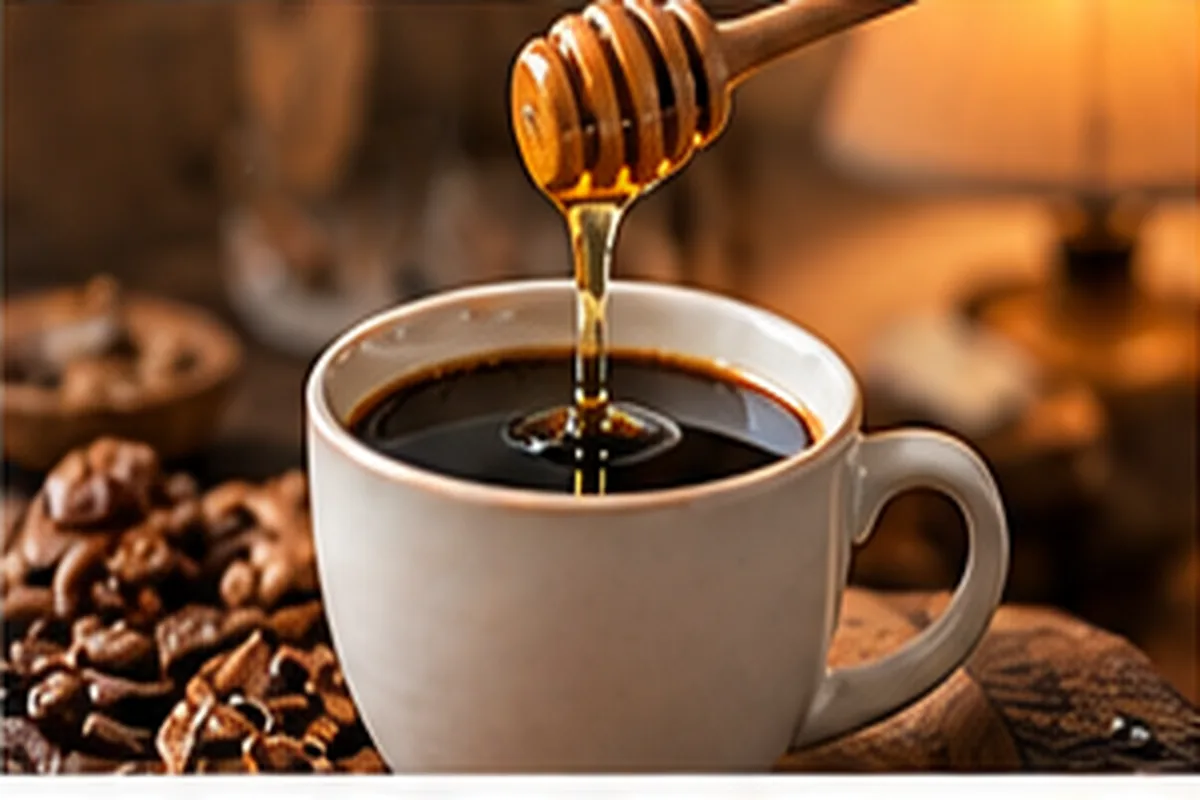 Honey drizzling from a wooden dipper into a cup of black coffee beside roasted coffee beans