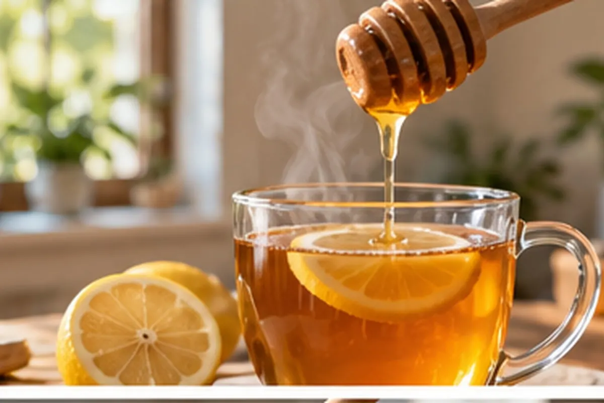 Honey drizzling from a wooden dipper into a glass cup of tea with lemon