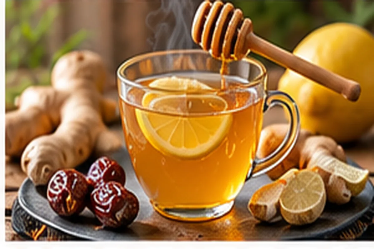 Glass mug of honey lemon ginger tea with honey dripping from a dipper beside fresh ginger root