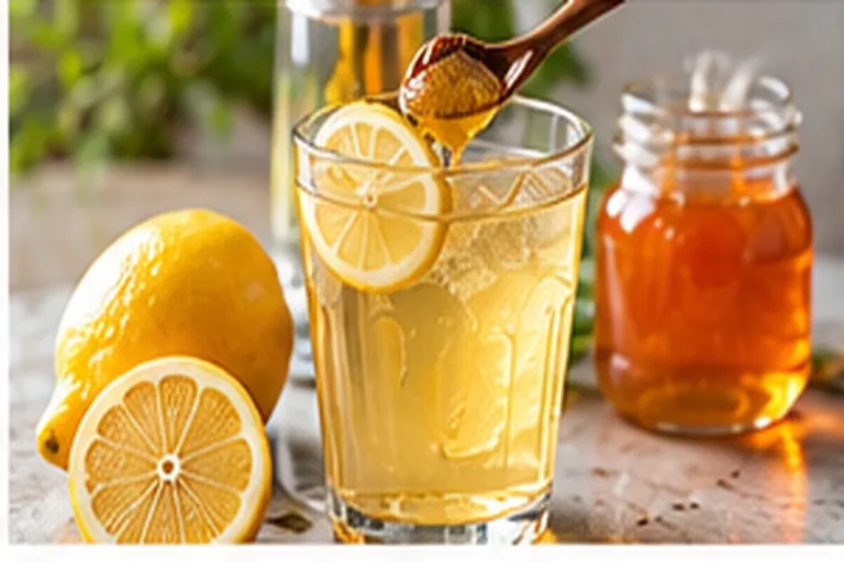 Glass of honey lemon water with a lemon slice and a spoon of honey beside lemons and a honey jar