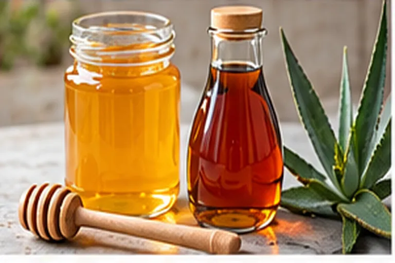 Honey vs agave: a jar of golden honey beside a bottle of agave syrup and an agave plant