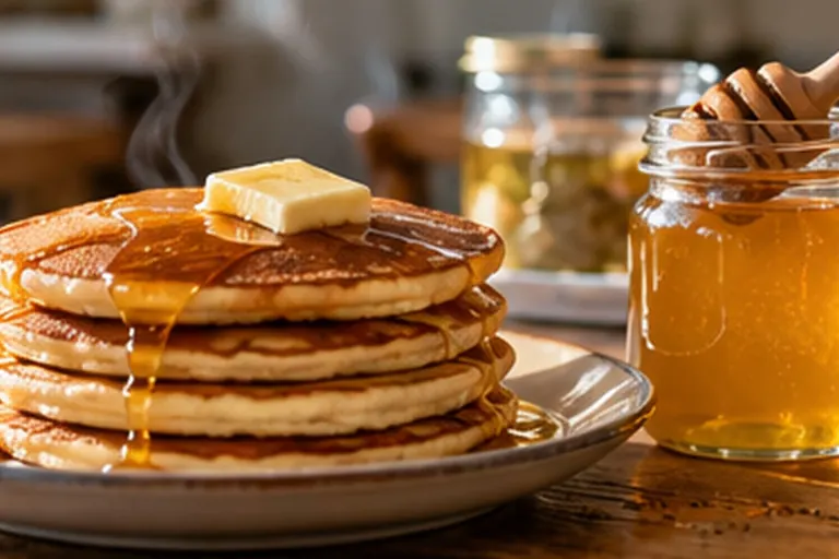 Honey vs maple syrup: a jar of honey and a pitcher of maple syrup beside a stack of pancakes