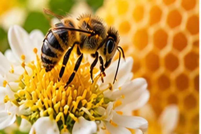 Honeybee collecting nectar from a white flower with golden honeycomb in the background