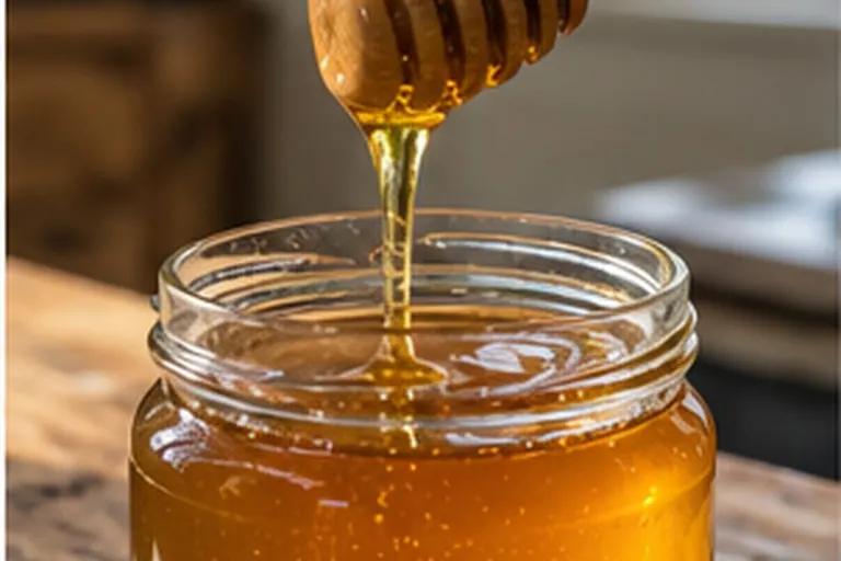 Thick real honey dripping slowly from a wooden honey dipper into a glass jar