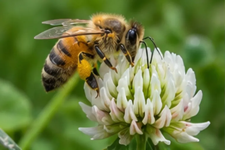 Honeybee gathering nectar from a white clover flower