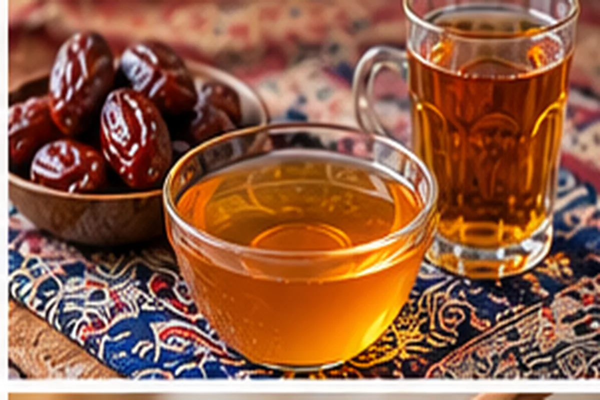 Glass bowl of golden honey with a bowl of dates and a glass of tea on a patterned cloth