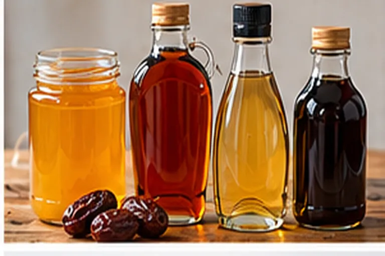 Jar of honey beside bottles of maple syrup, agave and date syrup with fresh dates on a wooden table