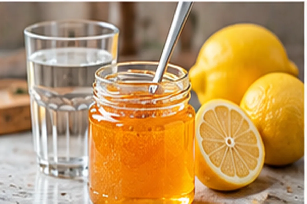 Jar of raw honey with a spoon beside a glass of water and fresh lemons on a kitchen counter