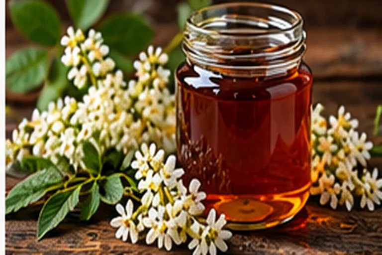 Jar of dark reddish-amber knotweed honey beside sprays of small white knotweed flowers