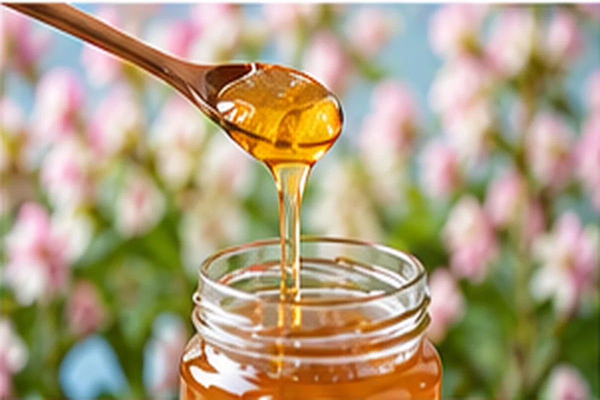 Spoonful of honey dripping into a jar in front of a soft-focus spring garden in bloom