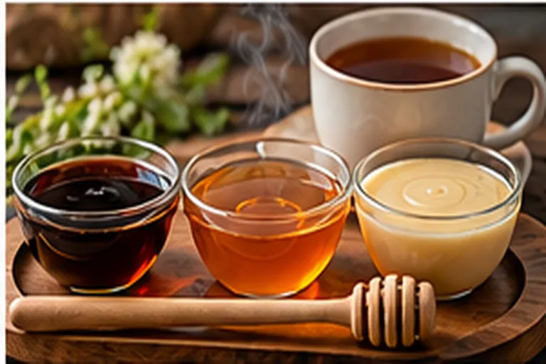 Bowls of dark, amber and creamed honey on a wooden tray beside a cup of tea and a honey dipper