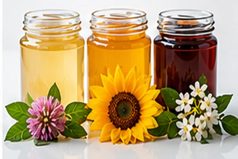 Three jars of monofloral honey from light to dark with clover, sunflower and white blossoms