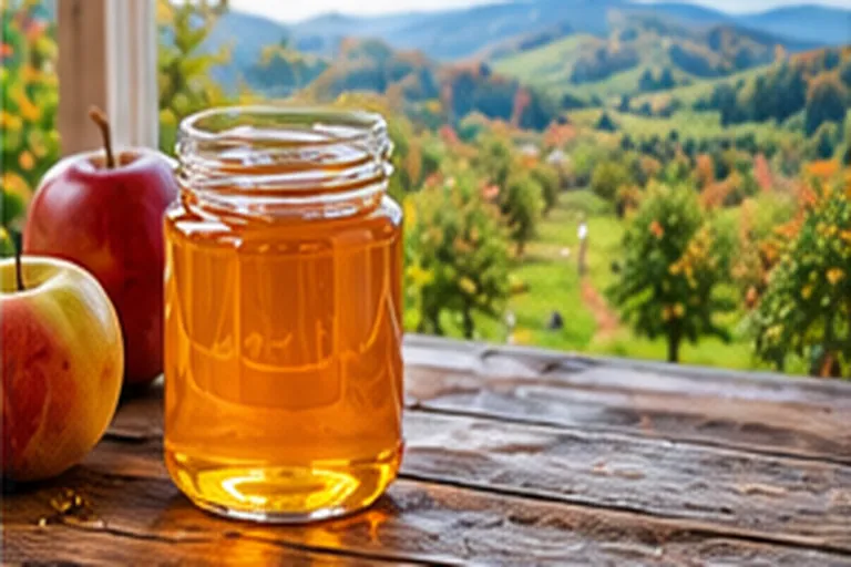 Jar of golden honey on a wooden table with apples and rolling New York orchard country through the window