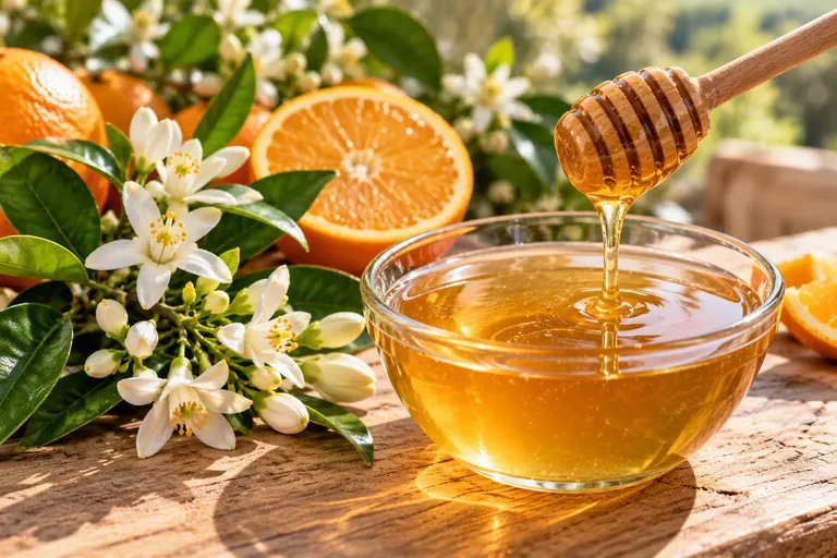 Orange blossom honey dripping from a dipper into a glass bowl beside orange blossoms and sliced oranges