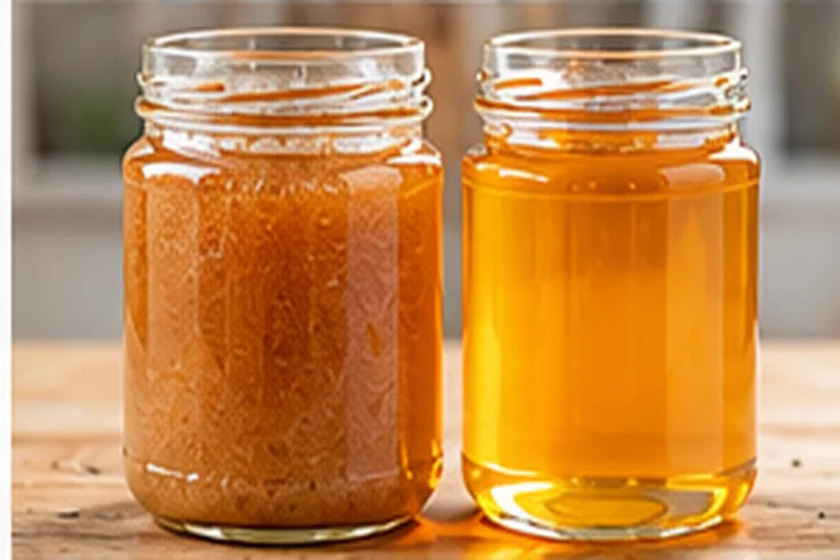 Raw honey vs regular honey: a cloudy, textured jar of raw honey beside a clear jar of filtered honey