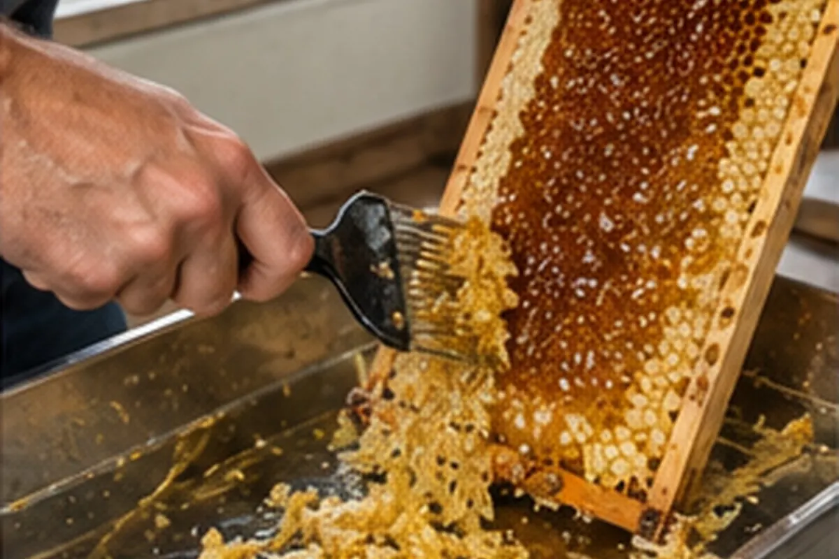 Uncapping a honeycomb frame to release raw unfiltered honey and wax cappings into a tray