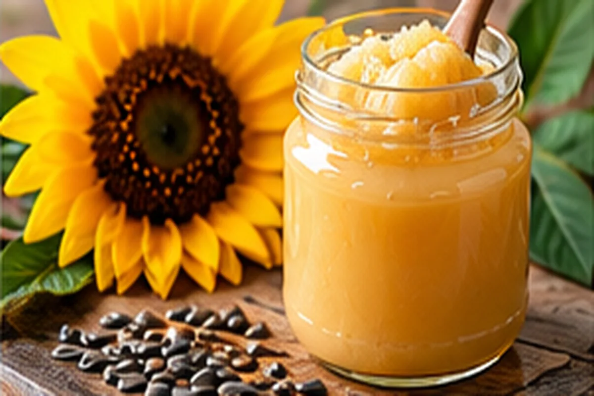 Jar of bright yellow, softly set sunflower honey beside a sunflower and sunflower seeds
