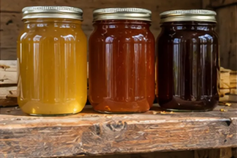 Three jars showing types of honey from light golden to amber to dark brown on a rustic shelf